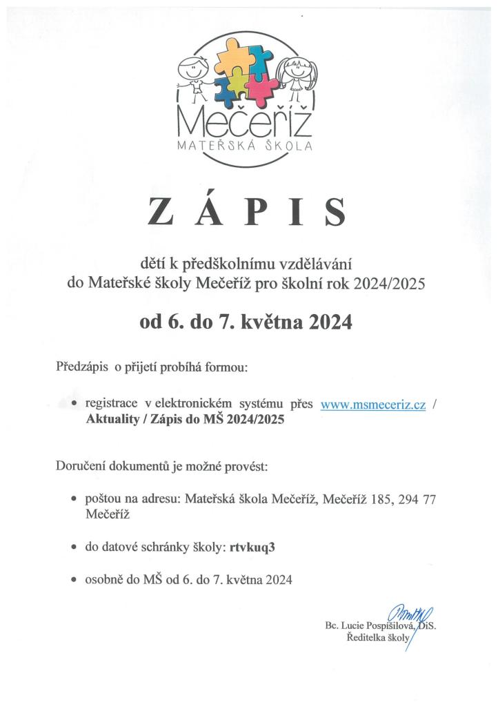 MŠ škola Mečeříž zve děti k zápisu